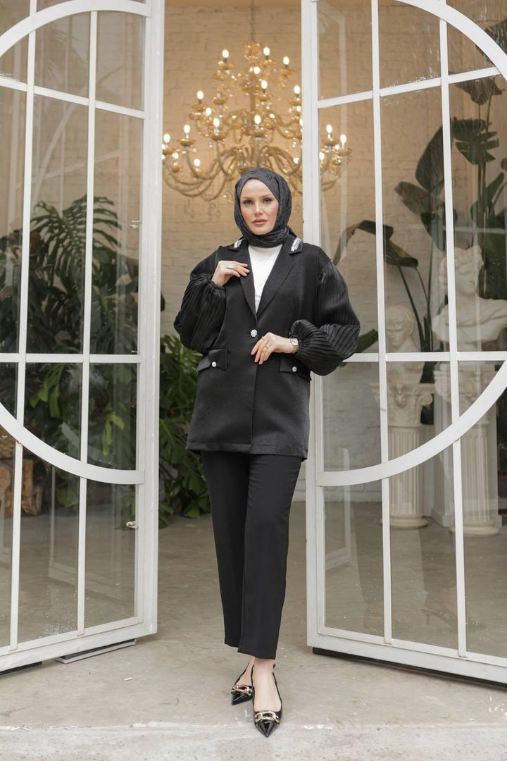 Pleated Sleeves Jacket - Black - modestanbul