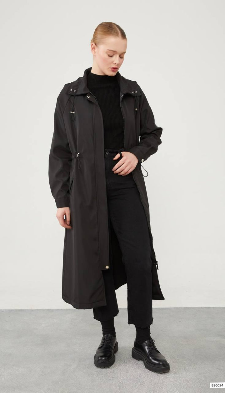 Top Collar Tunneled Trench Coat - Black - modestanbul