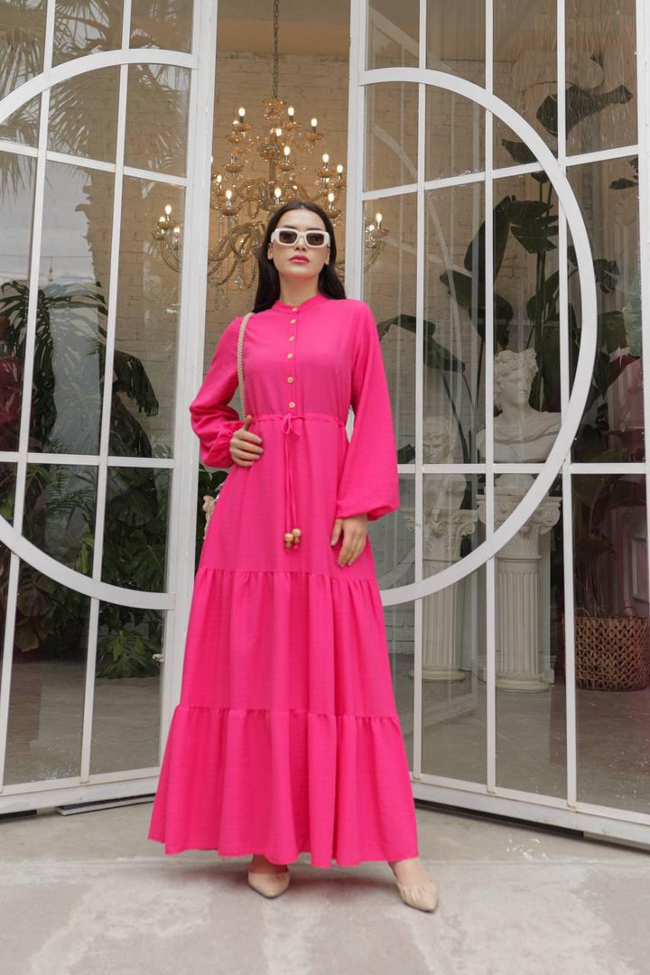 Waist Tunnelled Dress - Pink - modestanbul