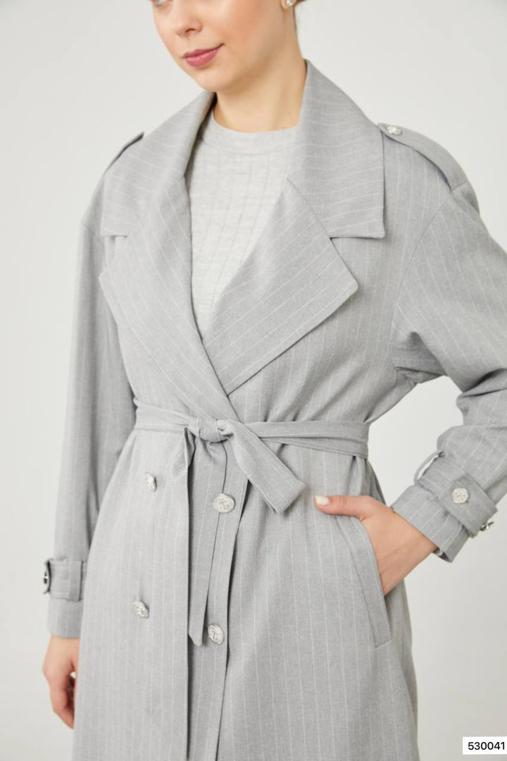 Striped Trench Coat - Grey - modestanbul