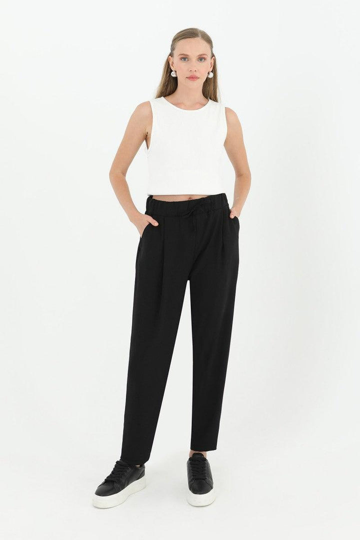 Tie Waist Carrot Form Trousers - Black - modestanbul