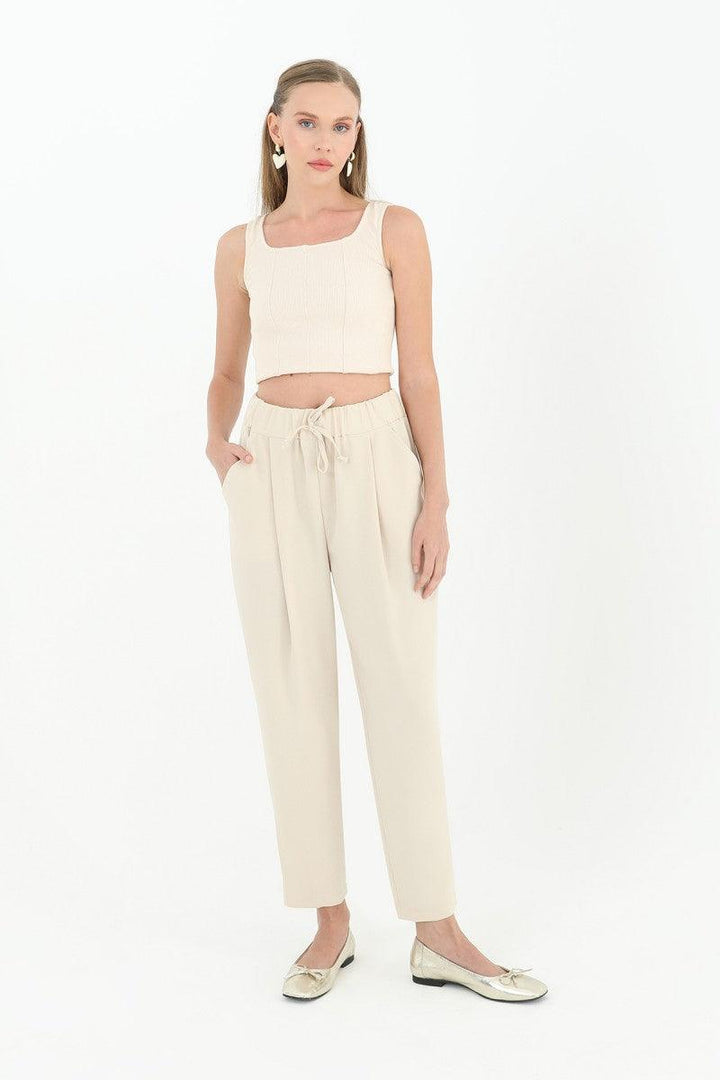 Tie Waist Carrot Form Trousers - Beige - modestanbul