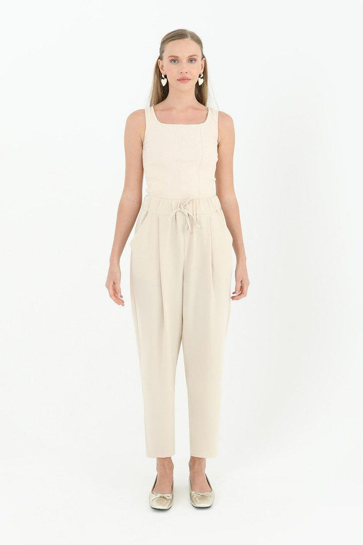 Tie Waist Carrot Form Trousers - Beige - modestanbul