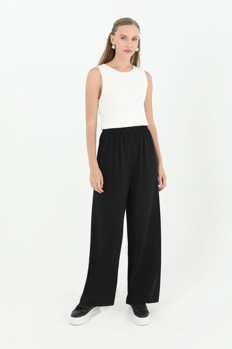 Wide Leg High Waist Trousers - Black - modestanbul