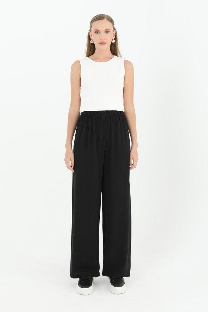 Wide Leg High Waist Trousers - Black - modestanbul