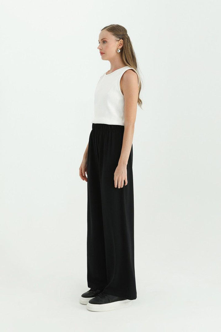 Wide Leg High Waist Trousers - Black - modestanbul