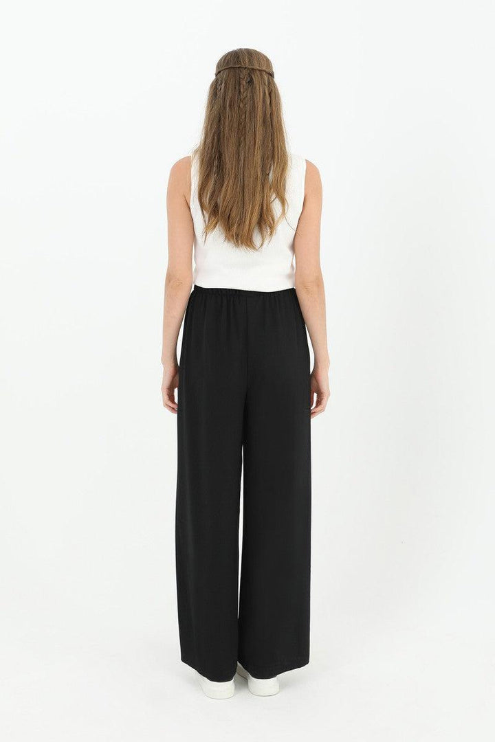 Wide Leg High Waist Trousers - Black - modestanbul