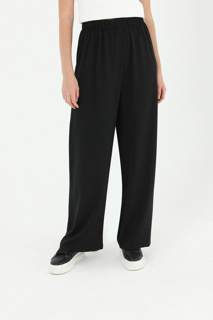 Wide Leg High Waist Trousers - Black - modestanbul