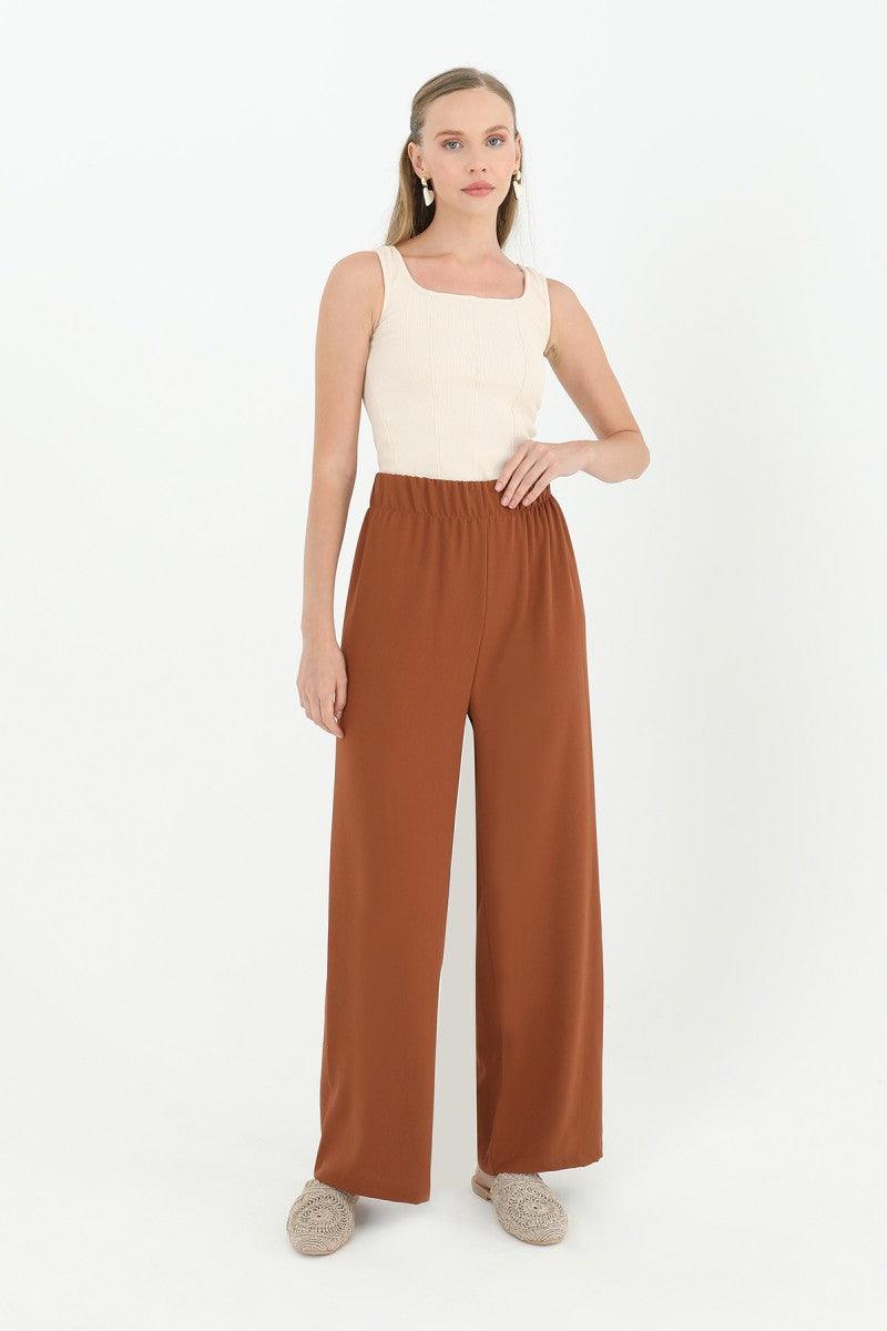 Wide Leg High Waist Trousers - Brown - modestanbul