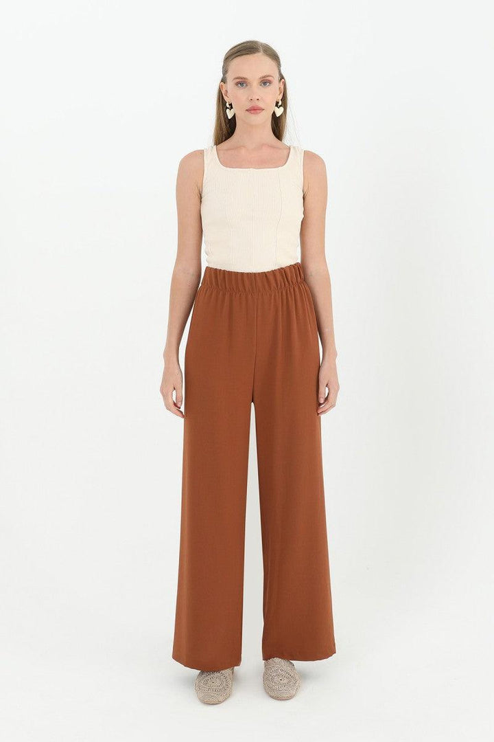 Wide Leg High Waist Trousers - Brown - modestanbul