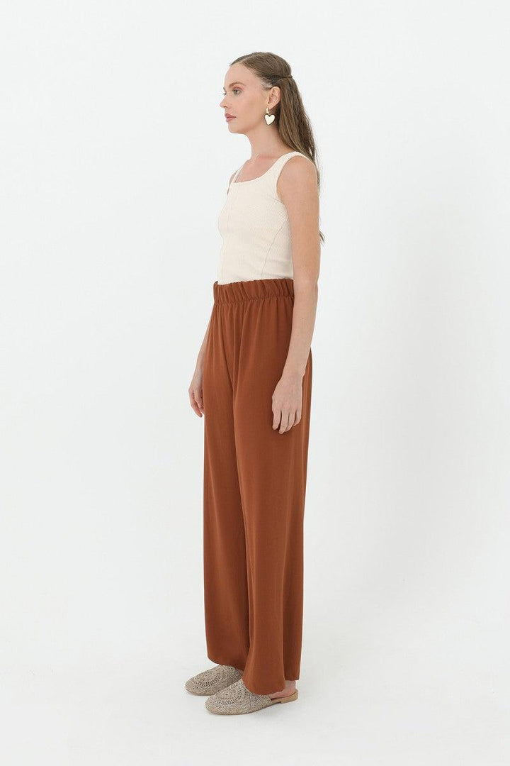 Wide Leg High Waist Trousers - Brown - modestanbul