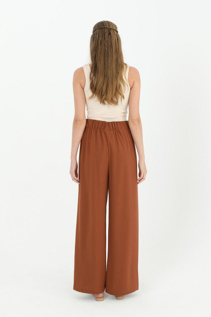 Wide Leg High Waist Trousers - Brown - modestanbul