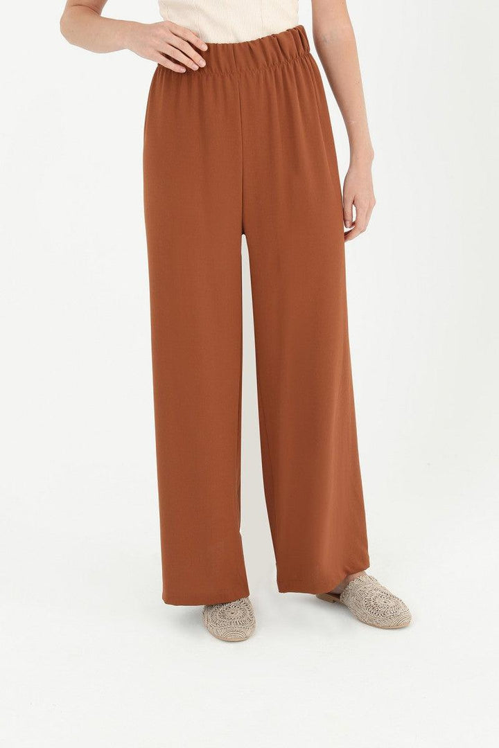 Wide Leg High Waist Trousers - Brown - modestanbul