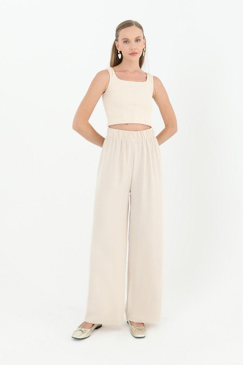 Wide Leg High Waist Trousers - Beige - modestanbul