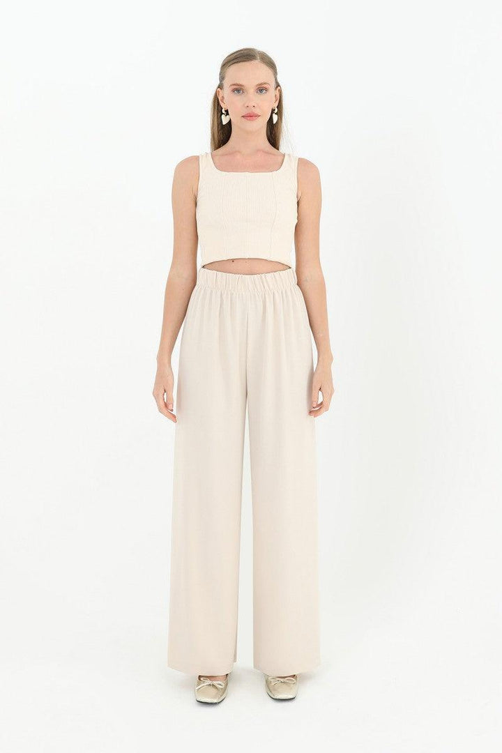 Wide Leg High Waist Trousers - Beige - modestanbul