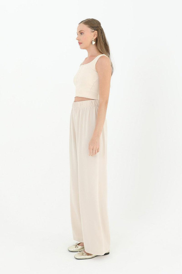 Wide Leg High Waist Trousers - Beige - modestanbul