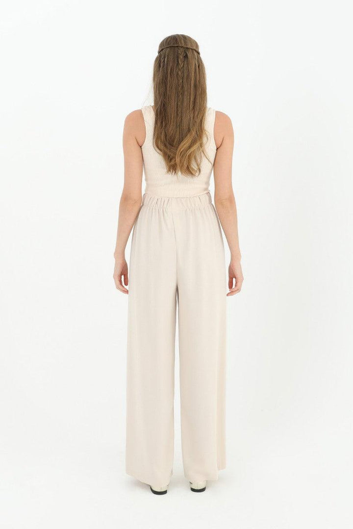 Wide Leg High Waist Trousers - Beige - modestanbul