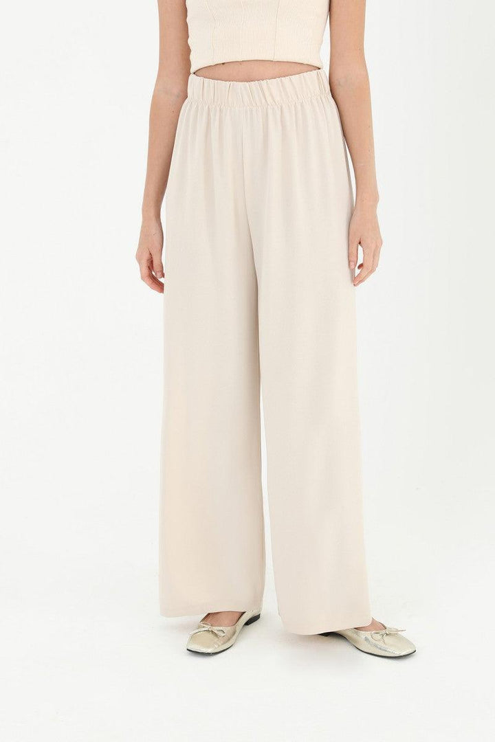 Wide Leg High Waist Trousers - Beige - modestanbul