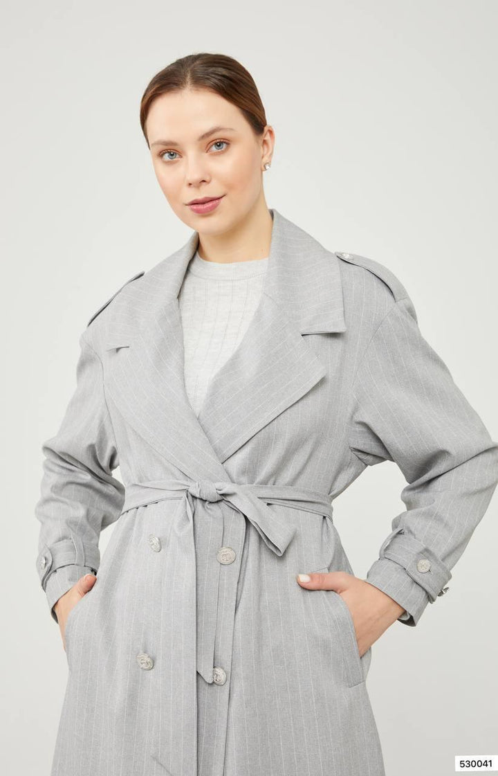 Striped Trench Coat - Grey - modestanbul