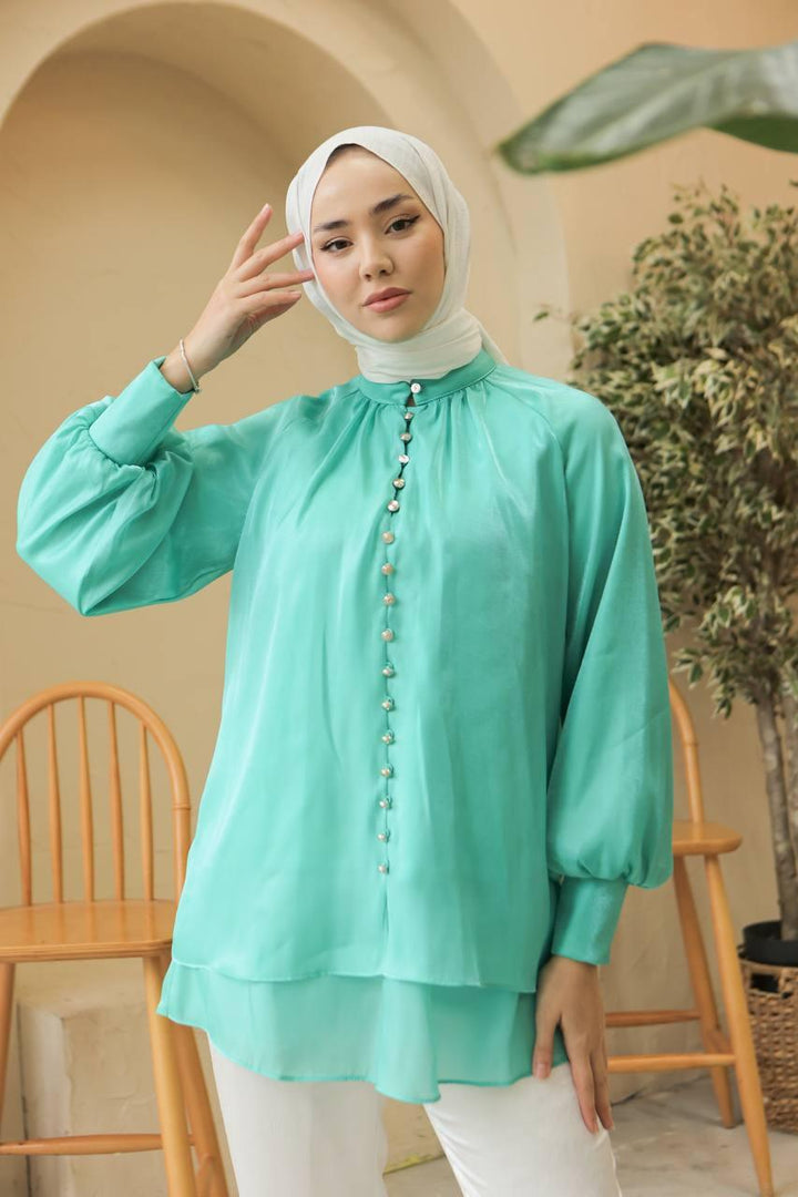 Front Buttoned Tunic - Turqoise - modestanbul