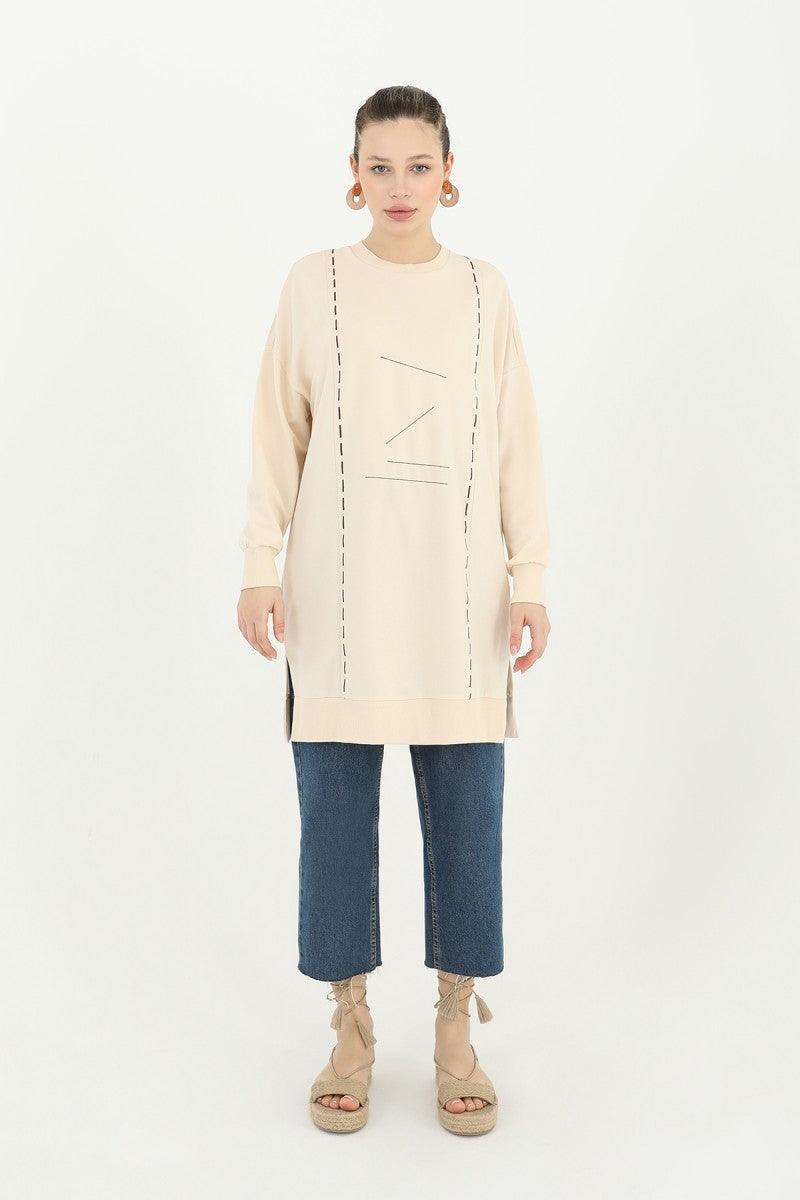 Embroidery Detailed Tunic - Beige - modestanbul