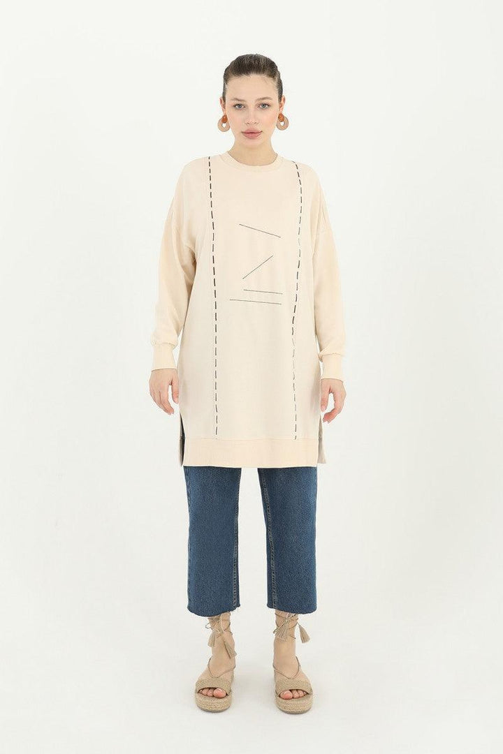 Embroidery Detailed Tunic - Beige - modestanbul