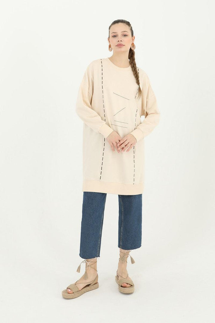 Embroidery Detailed Tunic - Beige - modestanbul