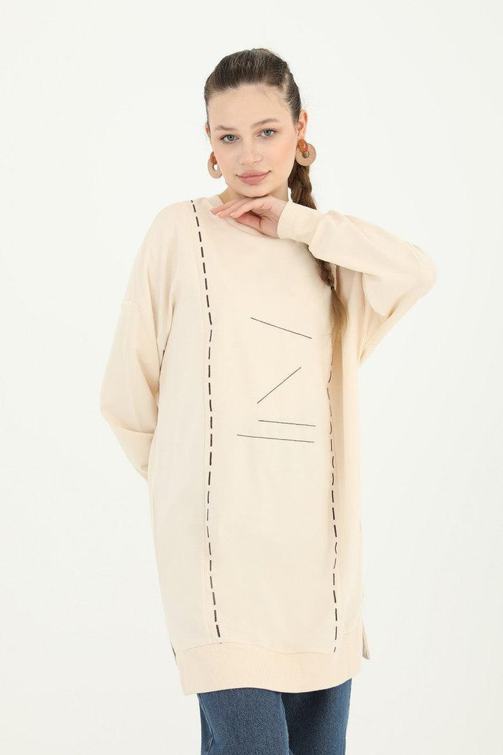 Embroidery Detailed Tunic - Beige - modestanbul