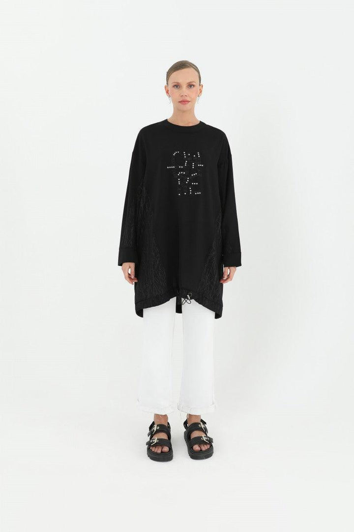 Embroidery Detailed Tunic - Black - modestanbul