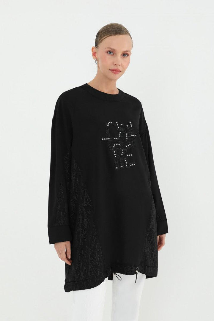 Embroidery Detailed Tunic - Black - modestanbul