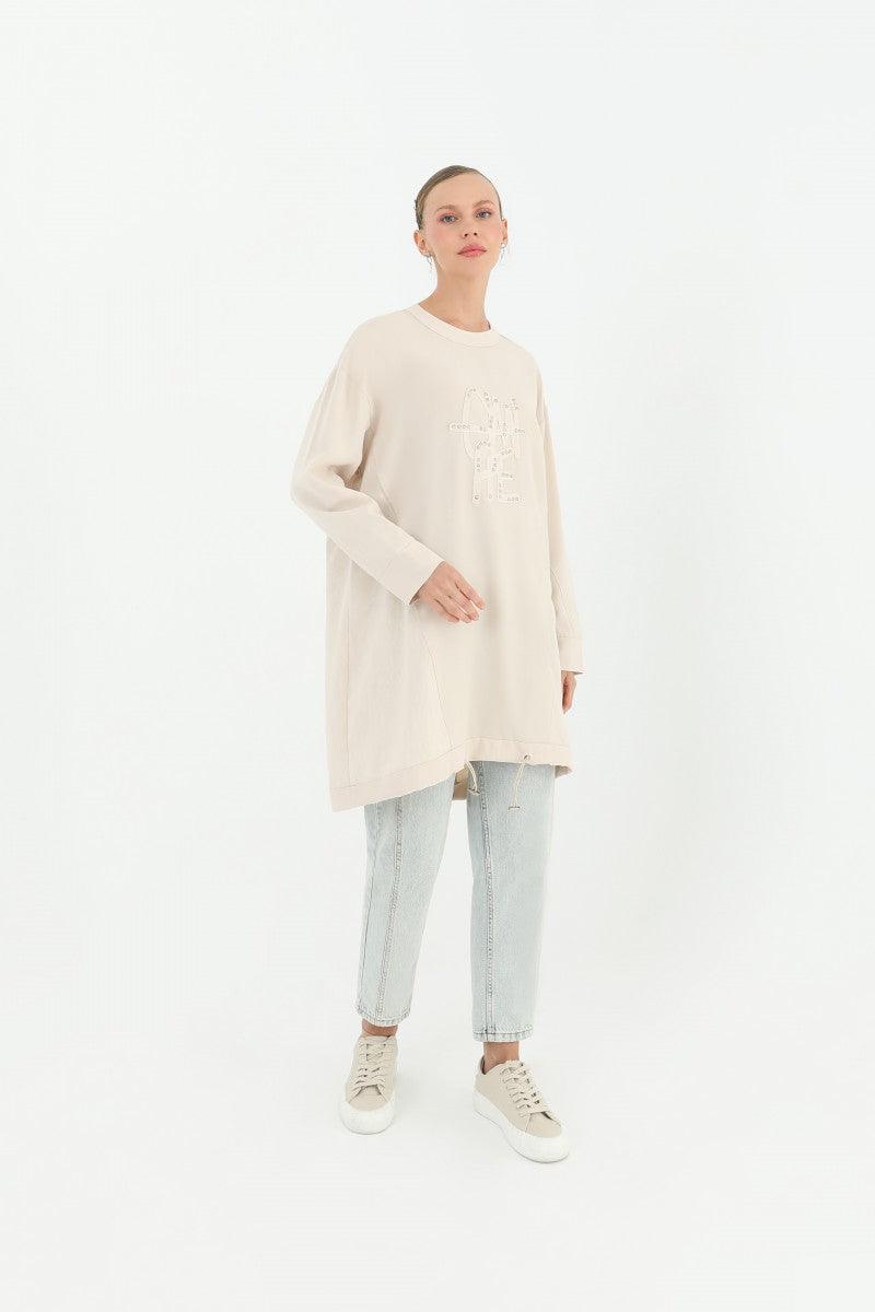 Embroidery Detailed Tunic - Beige - modestanbul