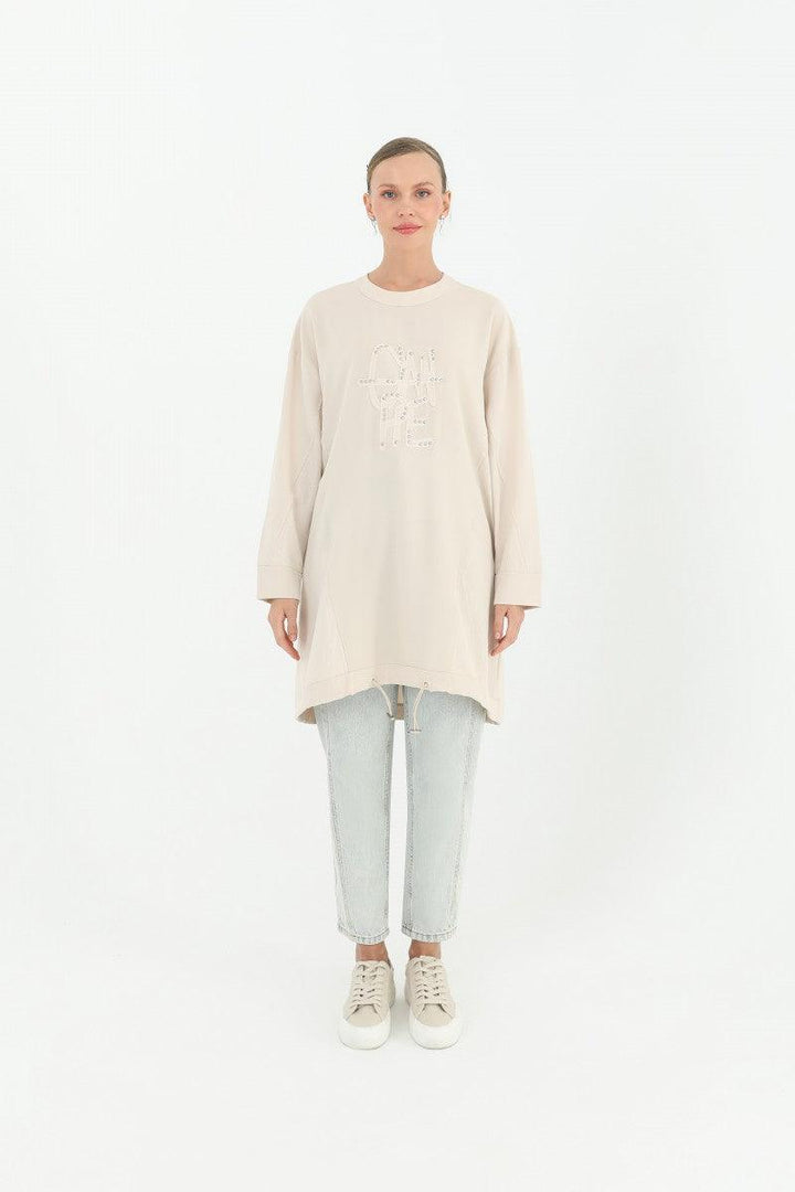 Embroidery Detailed Tunic - Beige - modestanbul