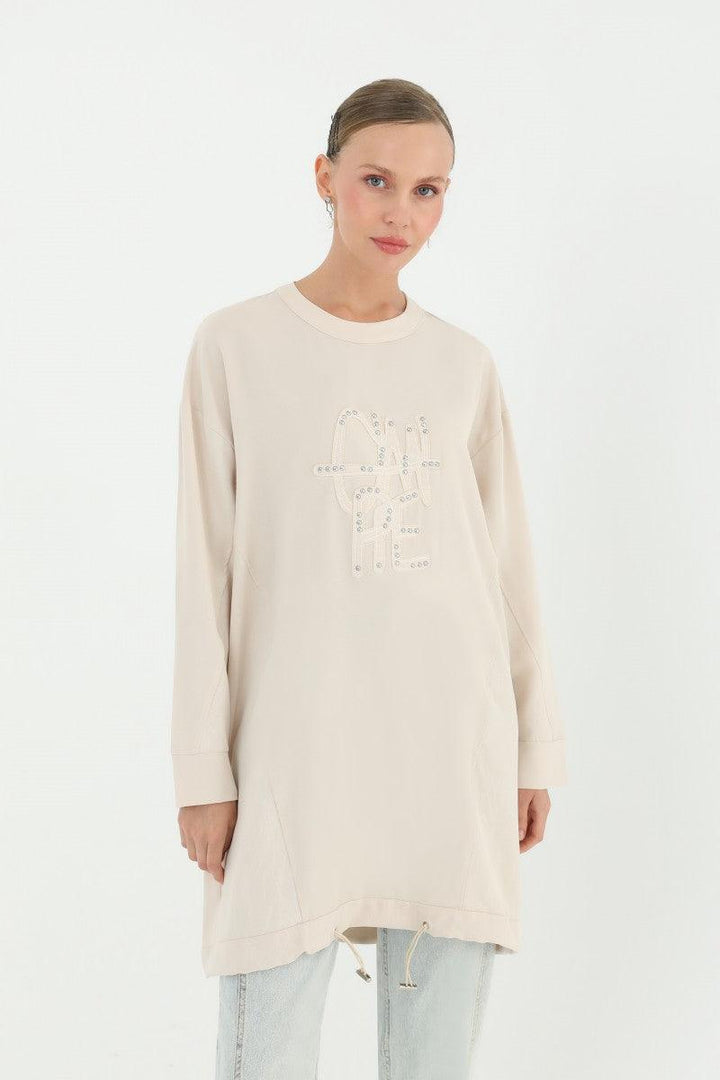 Embroidery Detailed Tunic - Beige - modestanbul