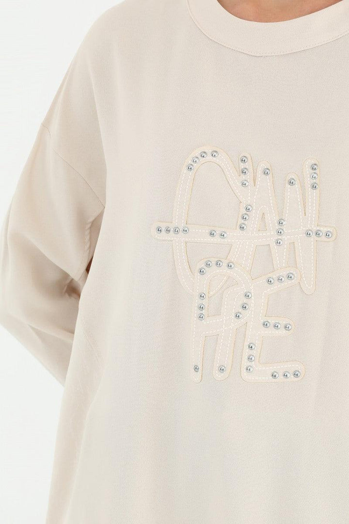 Embroidery Detailed Tunic - Beige - modestanbul