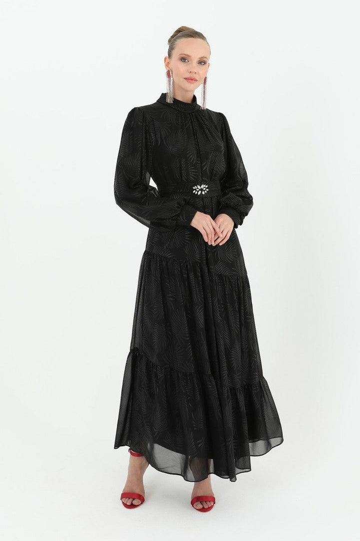 Stone Patterned Belted Dress - Black - modestanbul