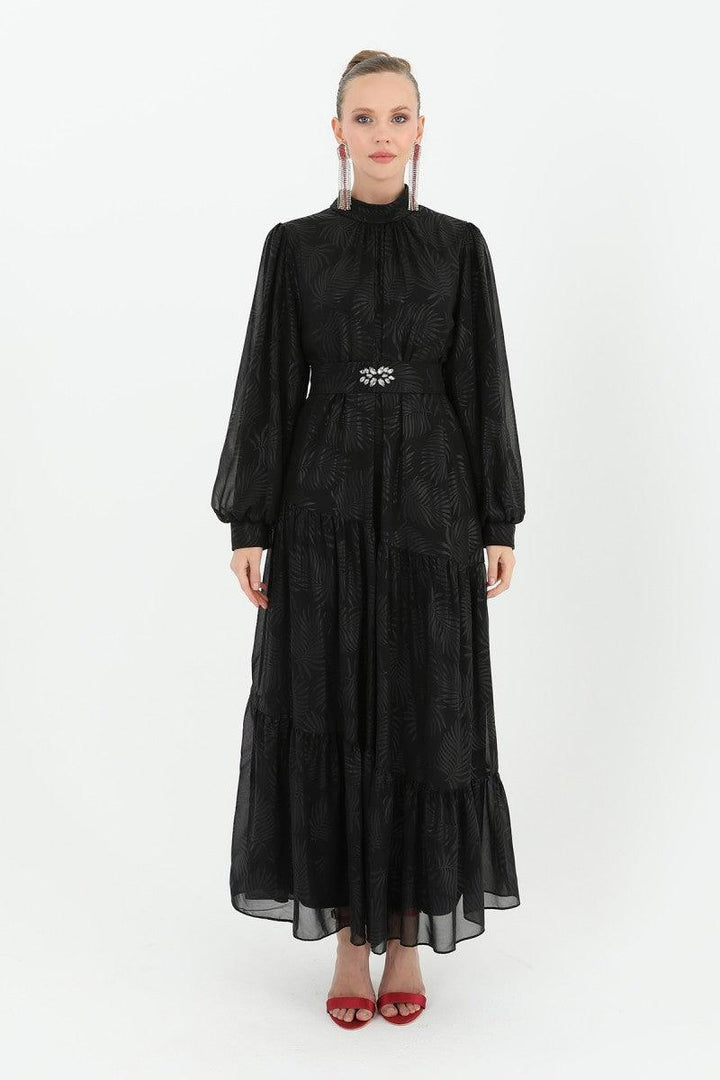 Stone Patterned Belted Dress - Black - modestanbul