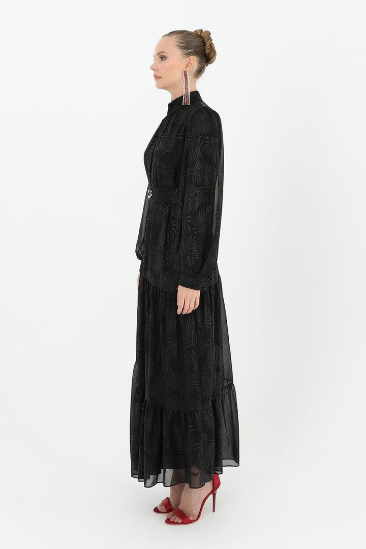 Stone Patterned Belted Dress - Black - modestanbul