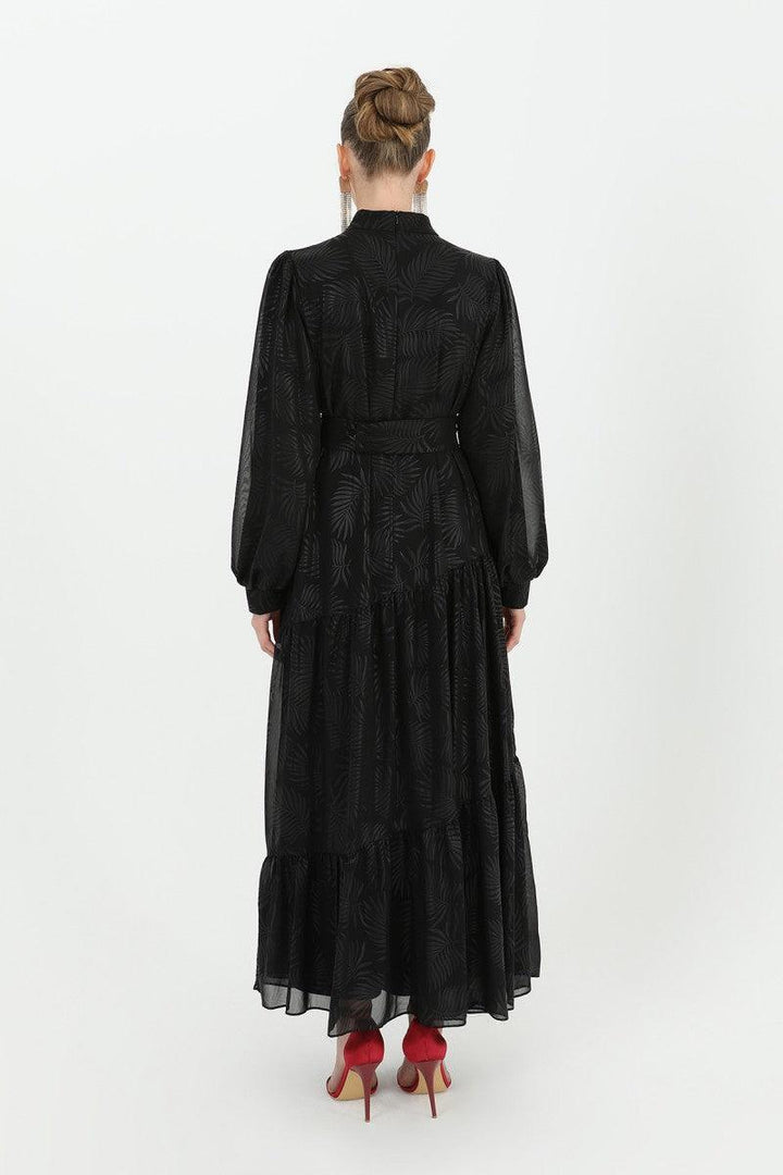 Stone Patterned Belted Dress - Black - modestanbul