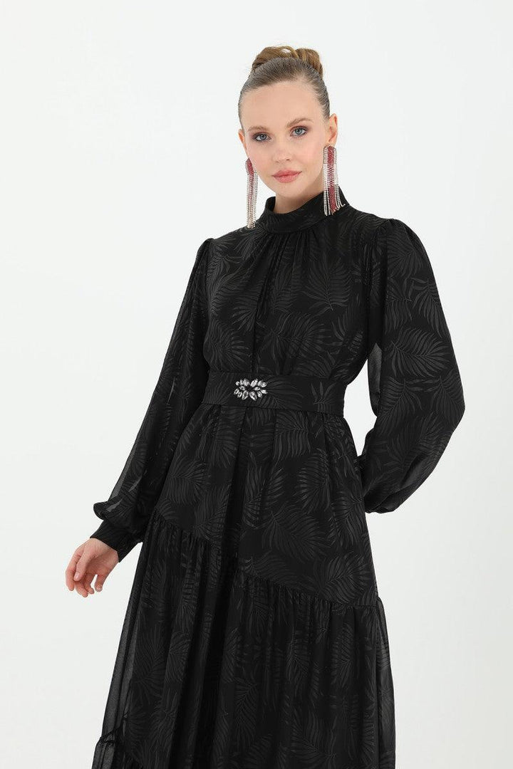 Stone Patterned Belted Dress - Black - modestanbul