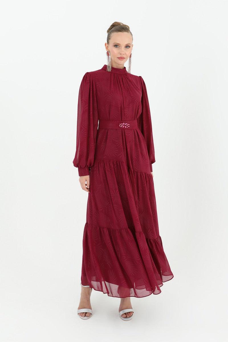 Stone Patterned Belted Dress - Plum - modestanbul