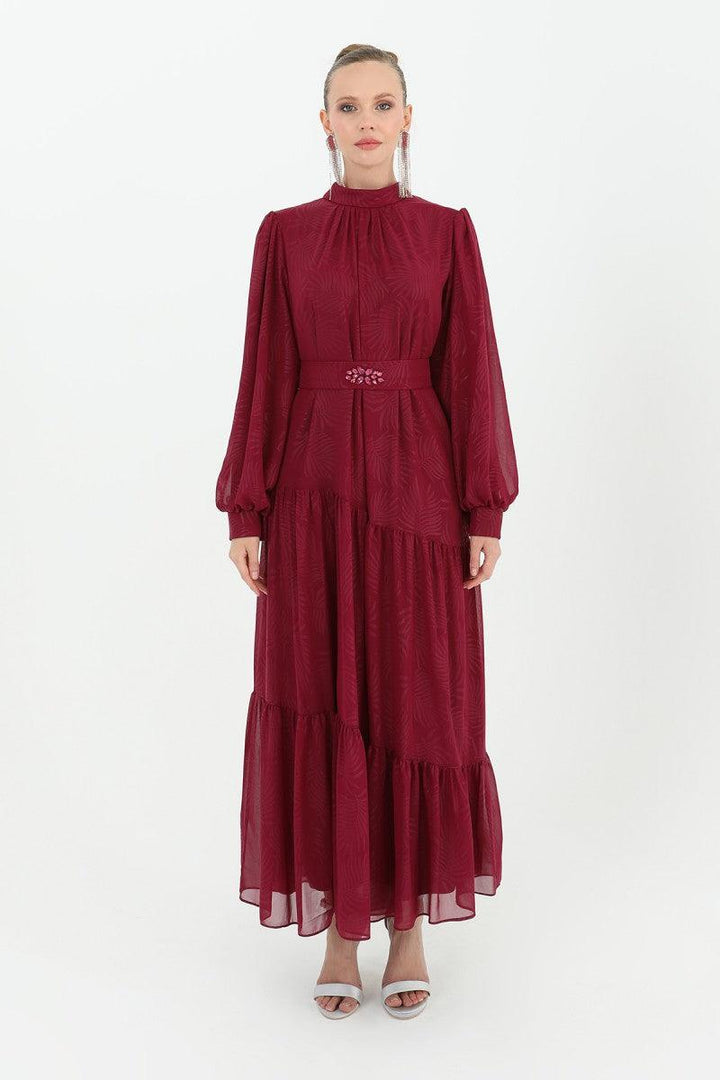 Stone Patterned Belted Dress - Plum - modestanbul