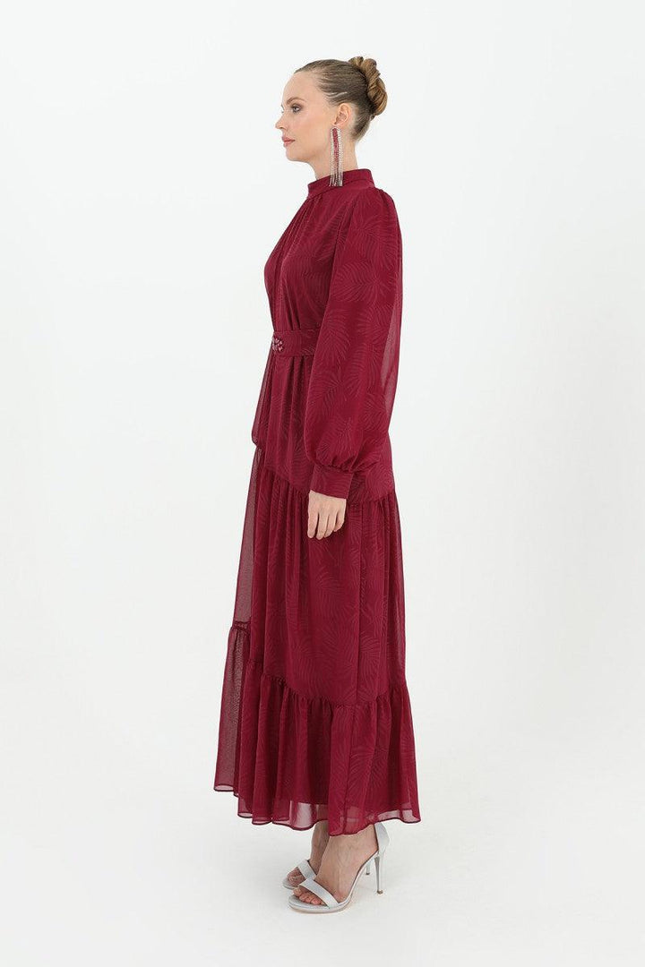 Stone Patterned Belted Dress - Plum - modestanbul