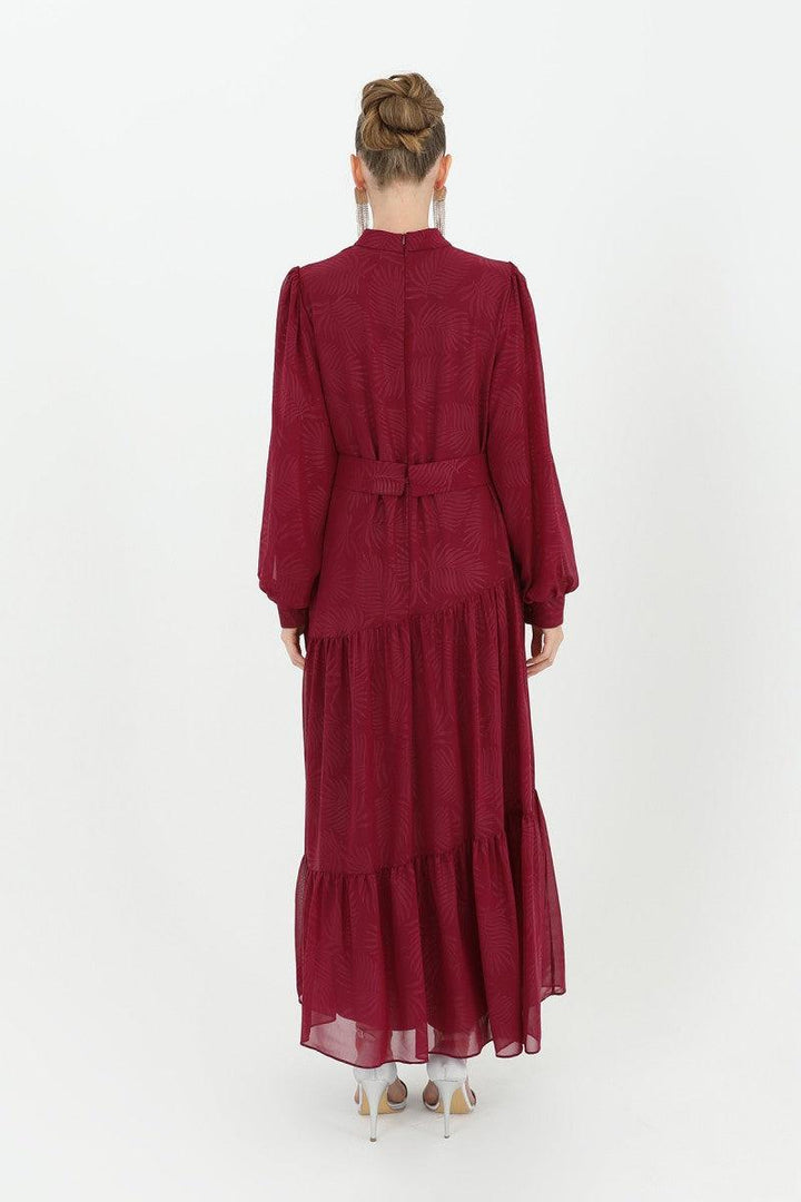 Stone Patterned Belted Dress - Plum - modestanbul