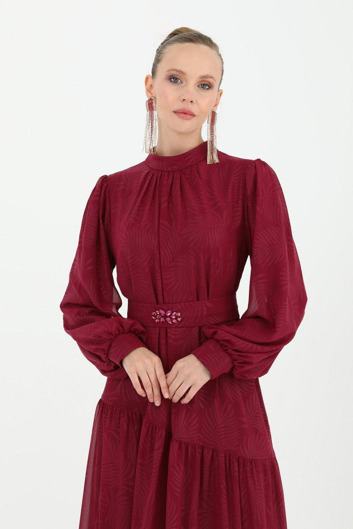 Stone Patterned Belted Dress - Plum - modestanbul