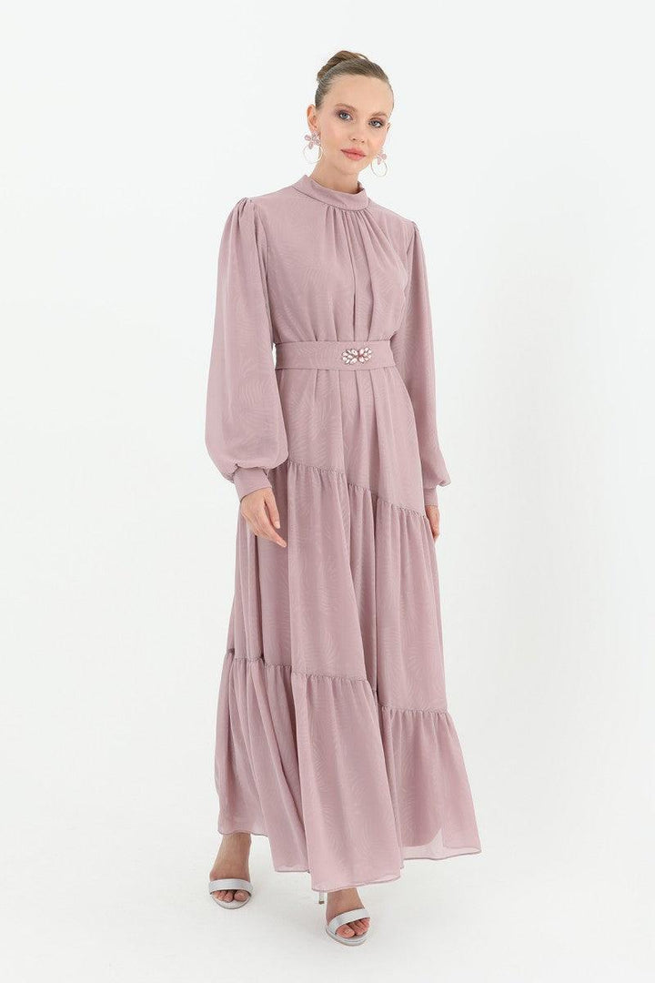 Stone Patterned Belted Dress - Powder - modestanbul