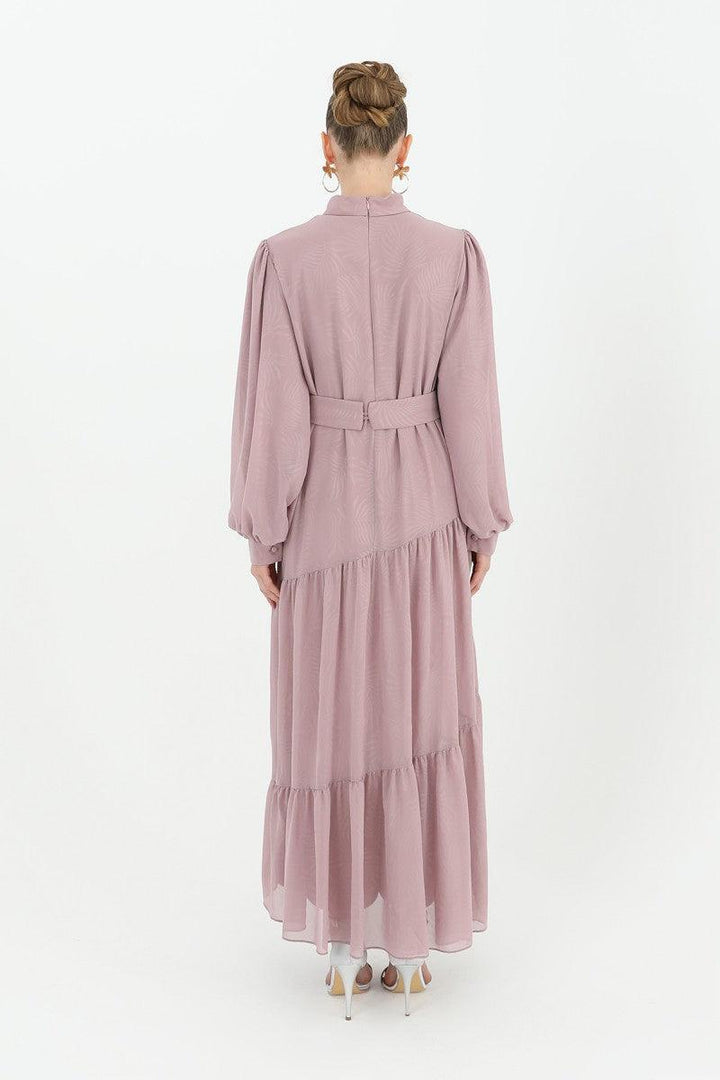 Stone Patterned Belted Dress - Powder - modestanbul