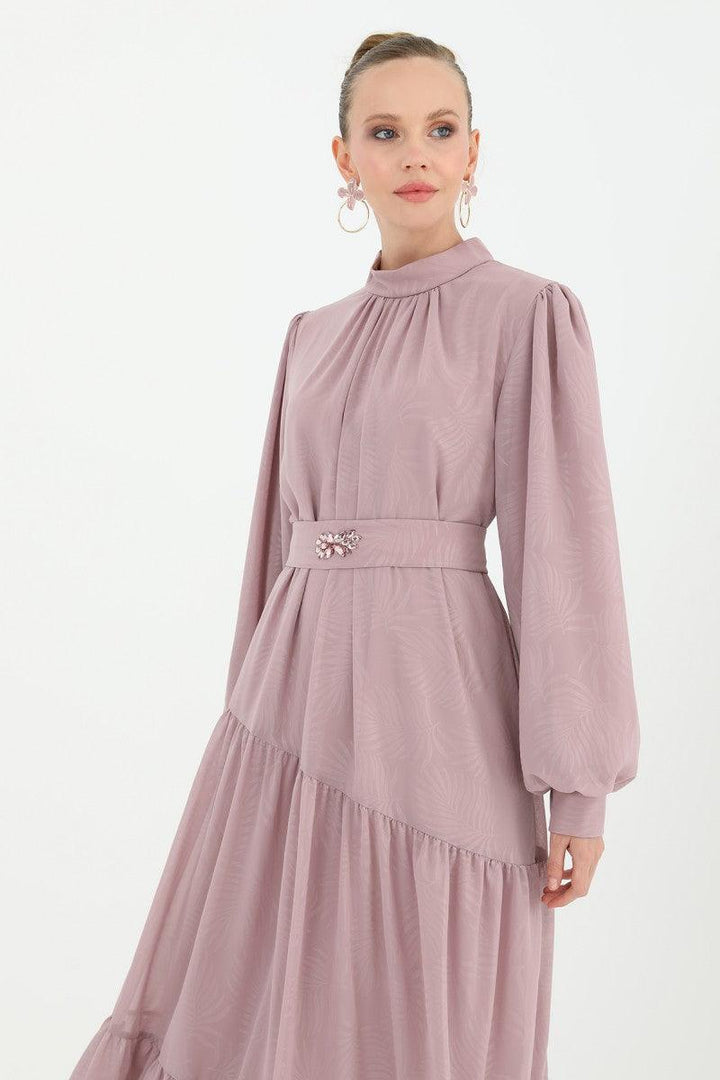 Stone Patterned Belted Dress - Powder - modestanbul