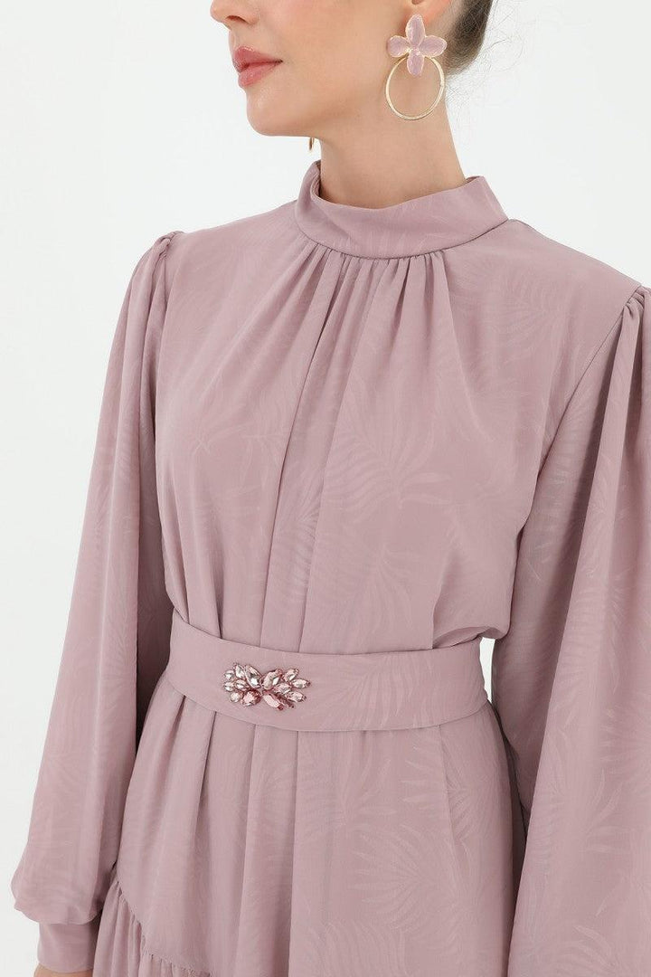 Stone Patterned Belted Dress - Powder - modestanbul