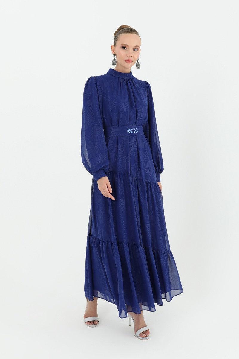 Stone Patterned Belted Dress - Sax Blue - modestanbul