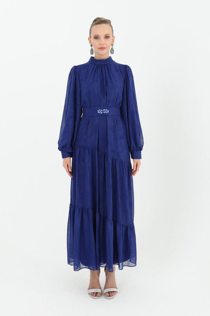 Stone Patterned Belted Dress - Sax Blue - modestanbul